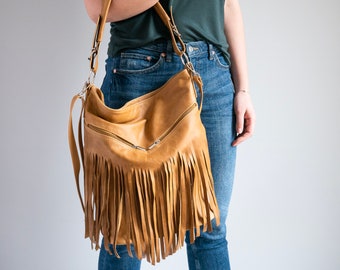 YELLOW Hobo Bag, Distressed TAN Leather Large Bag, Leather Hobo Bag, Leather Fringe Bag, Bag Tassels, Large CrossBody Bag, Leather Bag