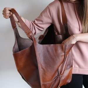 COGNAC LEATHER TOTE Bag, Slouchy Tote, Cognac Handbag for Women, Everyday Bag, Women leather Bag, Weekender Oversized Bag, Leather Purse image 3