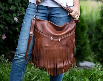 Hobo-Tasche, Cognac-braune Leder-Fransen-Tasche, Tasche mit Quasten, große Cross-Body-Tasche, Lederhandtasche, Geldbörse, große Einkaufstasche, Leder-Hobo-Tasche