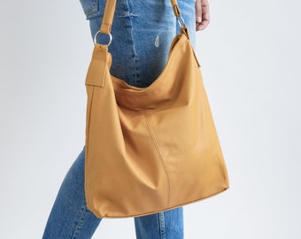 LEATHER Hobo BAG, Everyday Tote Bag, Crossbody Bag, Laptop Leather Shoulder Bag Leather Bag, Hobo Bag Gift Her, Yellow Leather Handbag