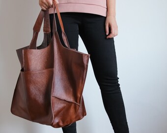 XXL Oversized Bag, LARGE Cognac Brown LEATHER Tote, Brown Handbag for Women, Slouchy Tote, Soft Leather Casual Bag, Leather Shoulder Bag