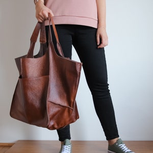 XXL Oversized Bag, LARGE Cognac Brown LEATHER Tote, Brown Handbag for Women, Slouchy Tote, Soft Leather Casual Bag, Leather Shoulder Bag