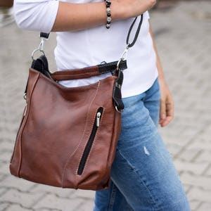 Cognacfarbene LEDER-SCHULTERTASCHE, Leder Geldbörse, braune HOBO-Tasche, Damenhandtasche, Lederhandtasche, Umhängetasche, Ledertasche