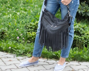 Leather Fringe Hobo Bag, Fringe Bag, Bag with Tassels, Large Cross Body Bag, Leather Handbag Purse, Large Tote, Black Leather Hobo Bag