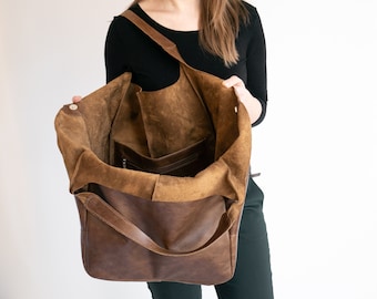 Große Ledertasche, Slouchy Tote, Antiqued Brown Handtasche für Frauen, Distressed Leder Alltagstasche, Frauen Ledertasche Weekender Tasche