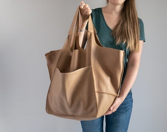 Weekender Oversized Bag, LARGE TAN Leather Tote Bag, Large Slouchy Tote, Handbag for Women, Soft Leather Bag, Light Brown Everyday Bag