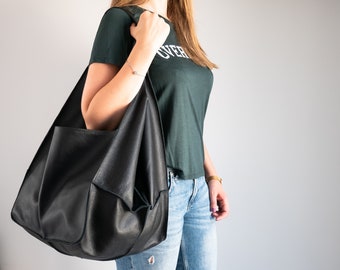 BLACK Shoulder bag, Weekender Oversized bag, Slouchy Tote, Black Handbag for Women, Soft Leather Bag, Everyday Bag, Women leather bag