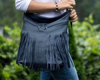 Leather Fringe Hobo Bag, Fringe Bag, Bag with Tassels, Large Cross Body Bag, Leather Handbag, Purse, Large Tote, Navy Leather Hobo Bag