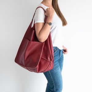 RED LEATHER TOTE bag, Slouchy Tote, Red Handbag for Women, Everyday Bag, Women leather bag, Weekender Oversized bag image 2