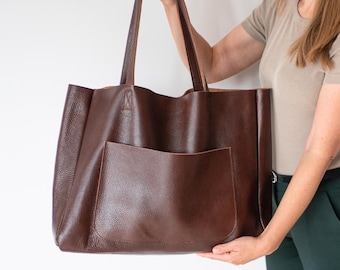 Extra Large Pebbled Leather Tote, Slouchy Brown Shoulder Bag, Minimalist Daily Carryall, Huge Travel Shopper Bag, Oversized Brown Bag