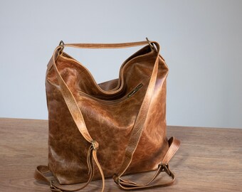 Tan convertible leather backpack shoulder bag crossbody | Etsy