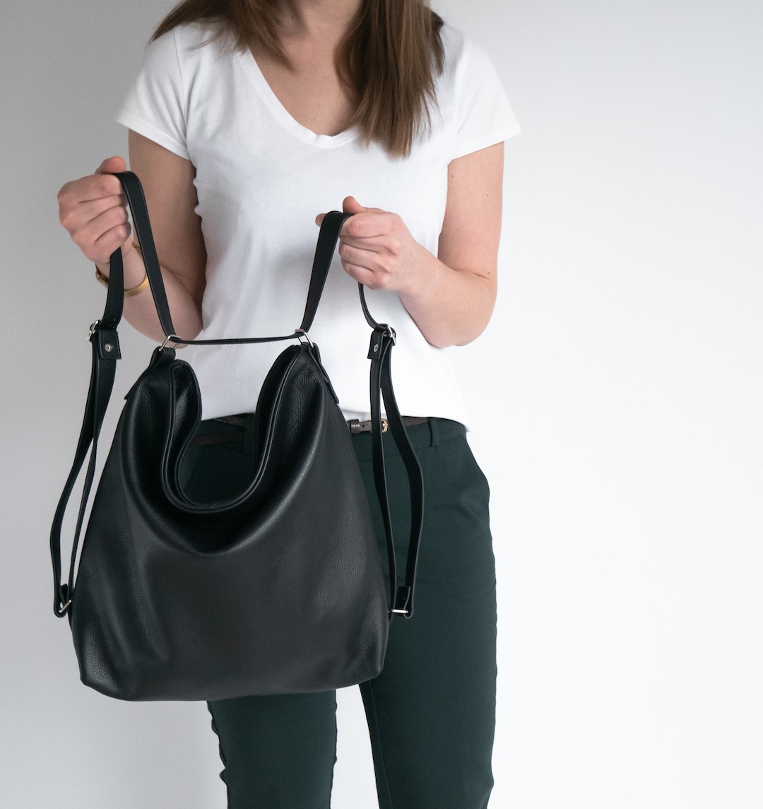 Black CONVERTIBLE Backpack Leather BACKPACK PURSE Black Shoulder Bag Crossbody Leather Handbag School Bag Leather Hobo Etsy