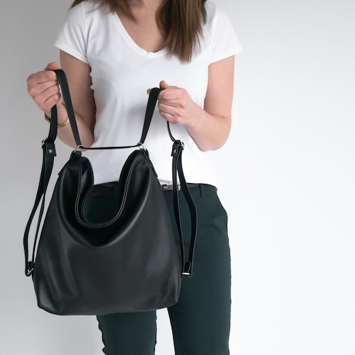 Black CONVERTIBLE Backpack, Leather BACKPACK PURSE, Black  display picture 2