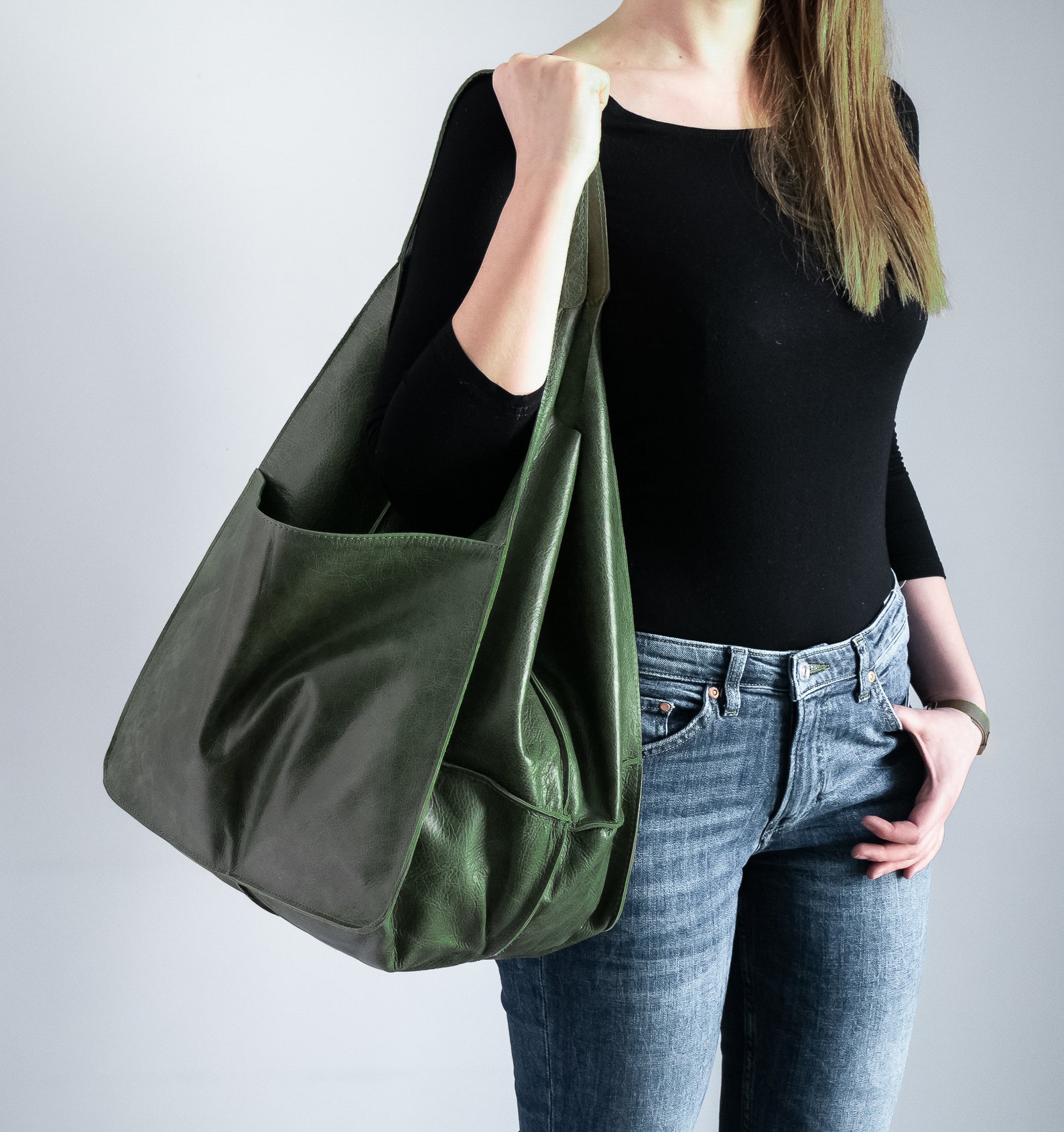 Green LEATHER TOTE Bag Slouchy Tote Dark Green Handbag for - Etsy