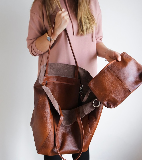 Large BROWN OVERSIZE Tote Bag Cognac Leather SHOPPER Bag 