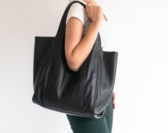 BLACK LEATHER TOTE Bag, Slouchy Tote Bag, Medium Handbag for Women, Everyday Shopper, Women Leather Bag, Weekender Oversized Bag, Purse