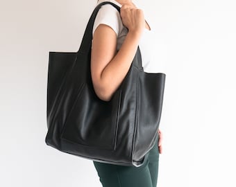 BLACK LEATHER TOTE Bag, Slouchy Tote Bag, Medium Handbag for Women, Everyday Shopper, Women Leather Bag, Weekender Oversized Bag, Purse
