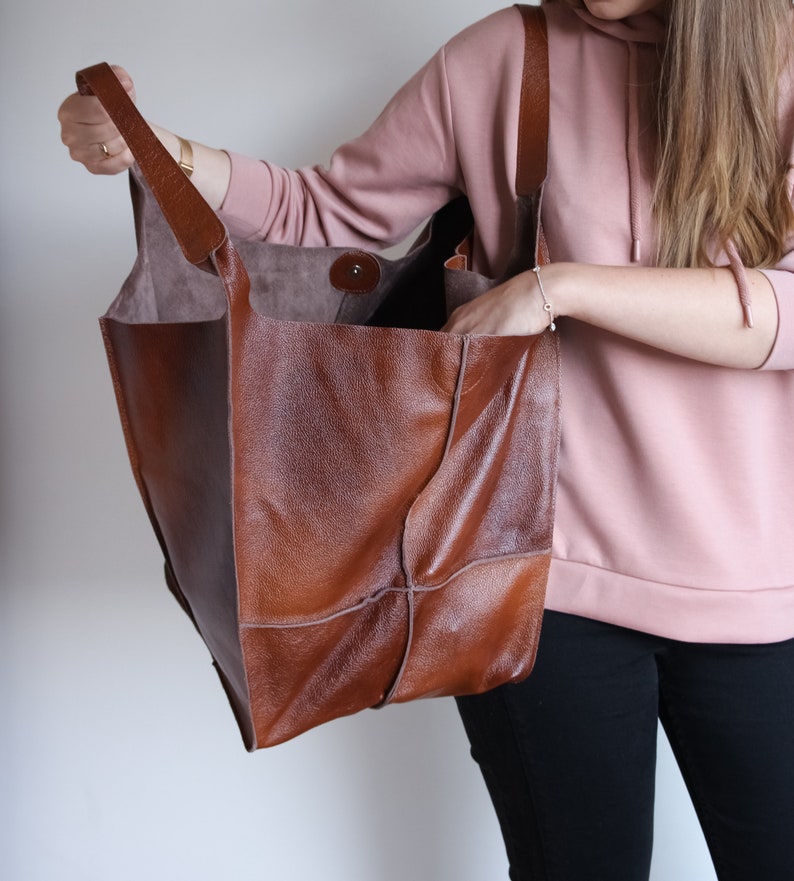 COGNAC LEATHER TOTE Bag, Slouchy Tote, Cognac Handbag for Women, Everyday Bag, Women leather Bag, Weekender Oversized Bag, Leather Purse image 9