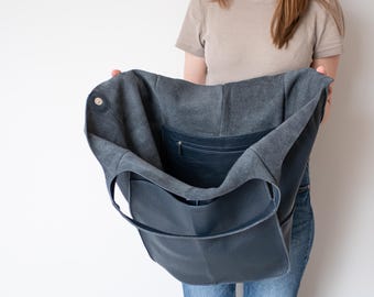 NAVY BLUE Leather Shoulder Bag, Oversized Weekender Tote, Slouchy Handmade Purse, Real Leather Handbag, Large Everyday Bag, Soft Leather