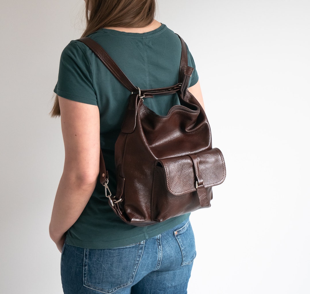 DARK BROWN Leather Backpack, Backpack Purse, Leather Rucksack, Leather ...