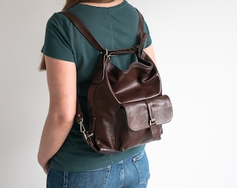 DARK BROWN Leather Backpack, Backpack Purse, Leather Rucksack, Leather Tote Bag, Laptop Backpack, Leather Handbag, School Bag, Gift