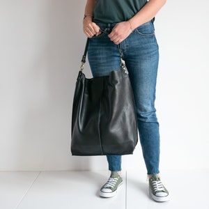 BLACK Leather Oversized HOBO Bag, Large Shopper Bag Black Large Purse BLACK Leather Handbag Everyday bag for women image 7