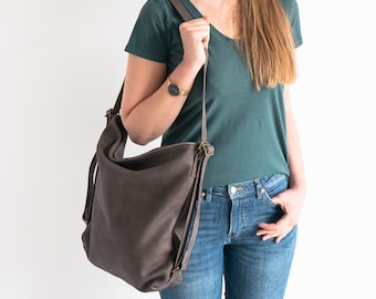 Gray-Brown CONVERTIBLE Backpack, Antique Leather BACKPACK PURSE, Shoulder Bag, Crossbody Leather Handbag, School Bag Leather Hobo Bag