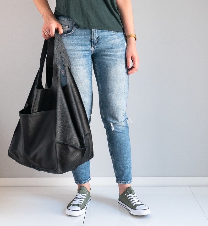 BLACK Shoulder bag, Weekender Oversized bag, Slouchy Tote, Black Handbag for Women, Soft Leather Bag, Everyday Bag, Women leather bag image 9