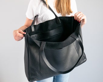 Elegant BLACK Leather Tote Bag - Oversized, Handcrafted, Versatile Everyday Shopper, Spacious Design, LARGE Leather Shopper Bag, Weekender