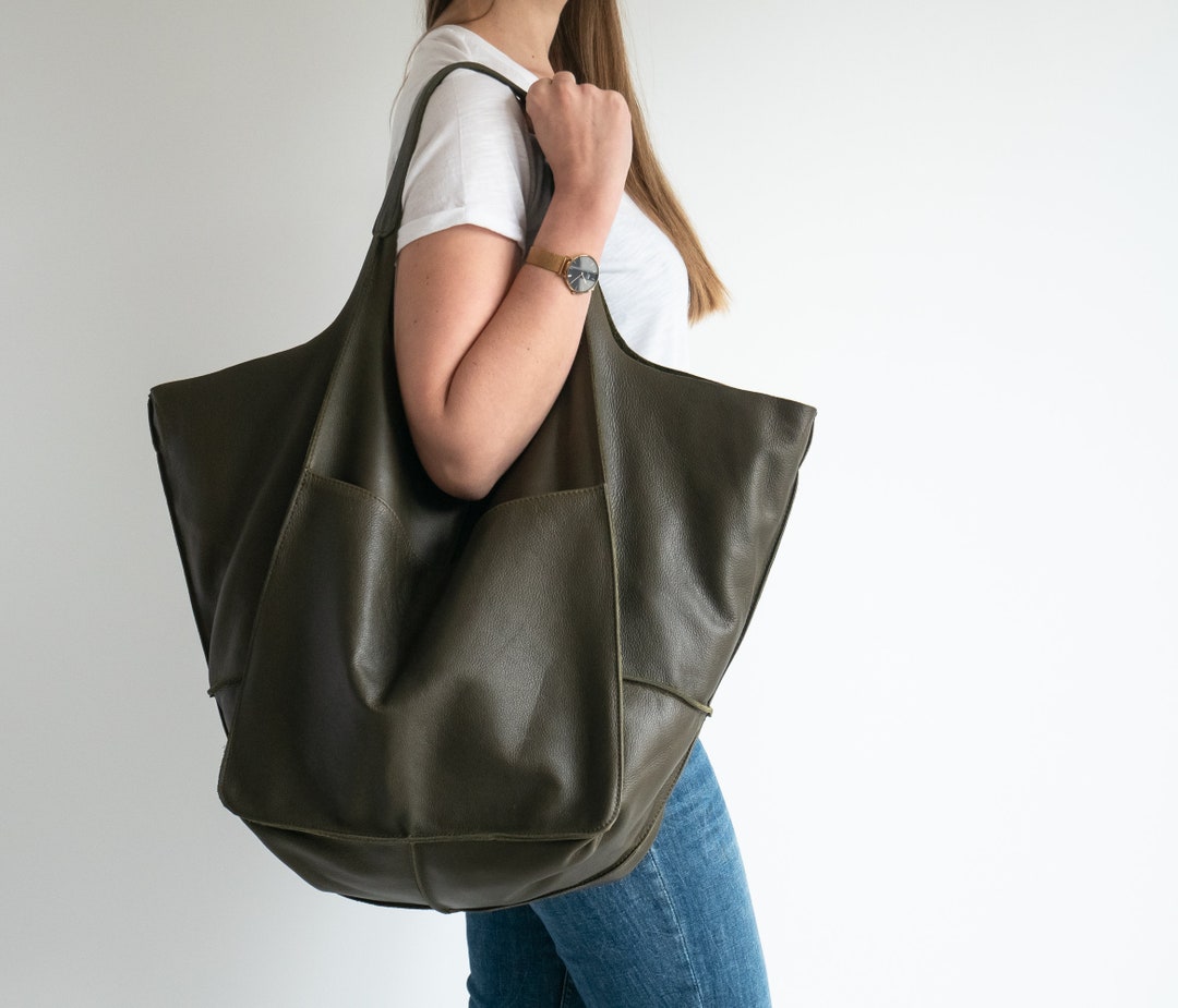Slouchy Oversized Leather Tote by Anthropologie in Green, Women's