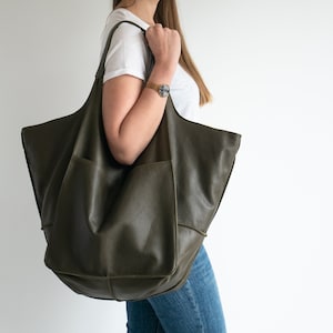 DARK Olive Green LEATHER TOTE Bag, Slouchy Tote, Dark Green Handbag for Women, Weekender Oversized Bag, Everyday Bag, Women leather bag