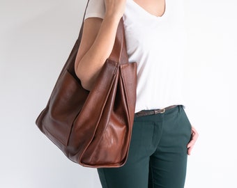 COGNAC Brown LEATHER TOTE Bag, Slouchy Tote, Medium Handbag for Women, Everyday Shopper, Women Leather Bag, Weekender Oversized Bag