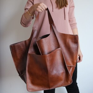 Weekender Oversized bag Large leather tote bag, Slouchy Tote, Cognac Brown Handbag for Women, Soft Leather Bag, Everyday Bag, Women bag image 3