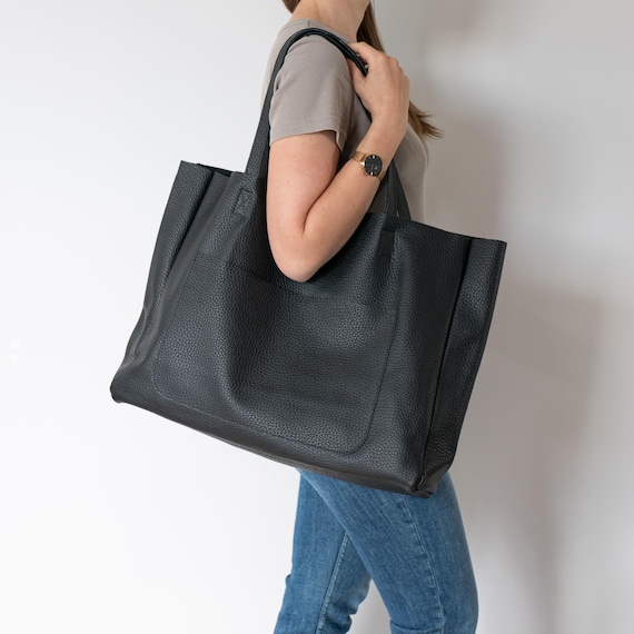 LARGE Tote Bag, BLACK OVERSIZE Shopper Bag, Leather Shopper