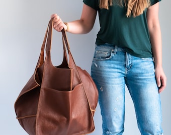 Chestnut BROWN LEATHER Tote Bag, Slouchy Tote, Cognac Handbag for Women, Everyday Bag, Women leather bag, Weekender Oversized Bag, Huge Bag