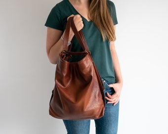 Cognac Brown CONVERTIBLE Backpack, Leather BACKPACK PURSE, Shoulder Bag, Crossbody Leather Handbag, School Bag, Distressed Leather Hobo