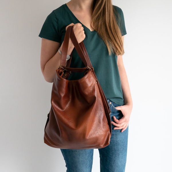 Cognac Brown CONVERTIBLE Backpack, Leather BACKPACK PURSE, Shoulder Bag, Crossbody Leather Handbag, School Bag, Distressed Leather Hobo