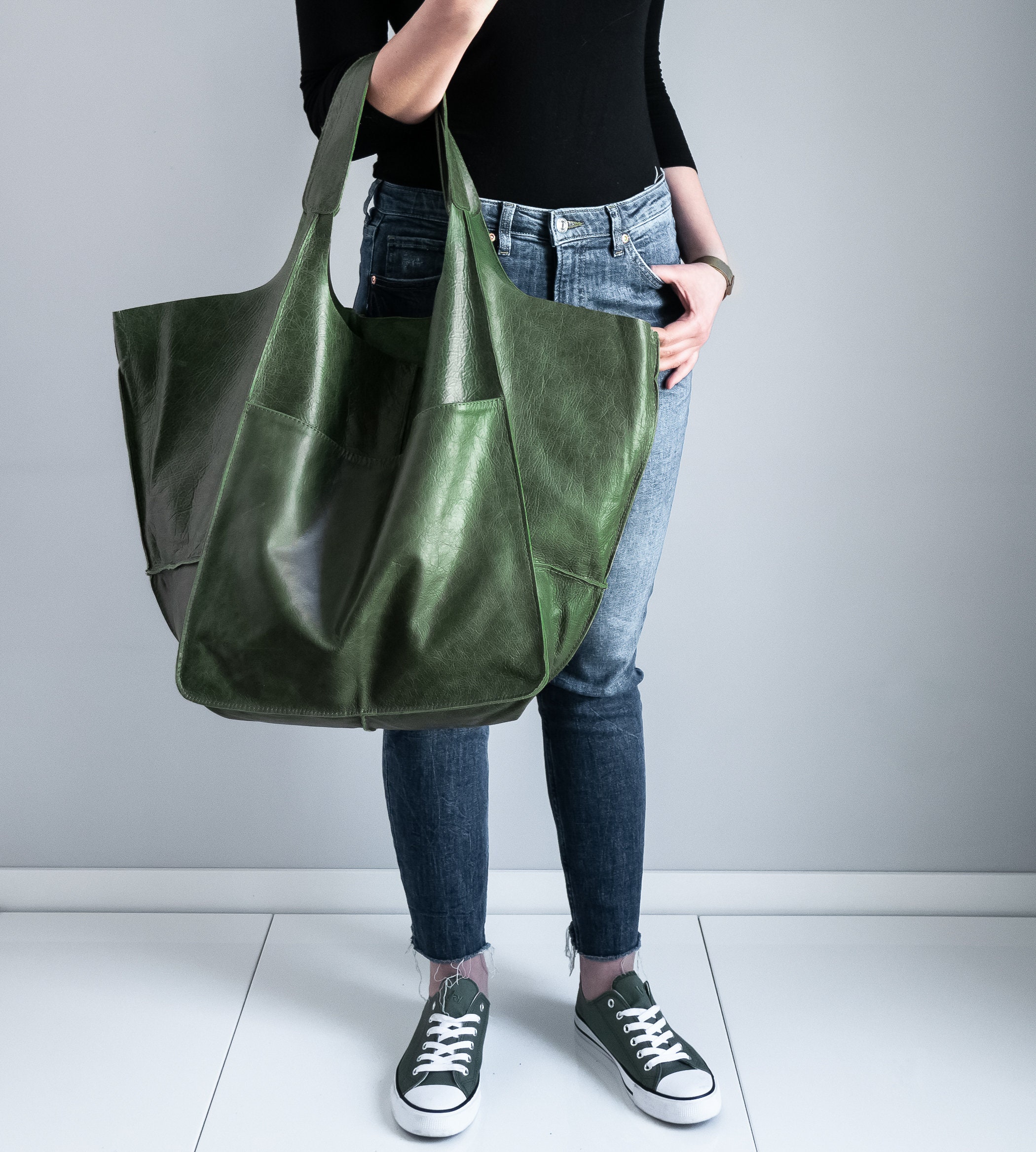 Green Fields Leather Forest Green Bucket Bag Slouchy Tote Purse