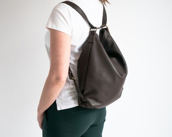 Brown CONVERTIBLE Backpack, Dark Brown Leather BACKPACK PURSE, Shoulder Bag, Crossbody Leather Handbag, Leather Hobo Bag, School Bag