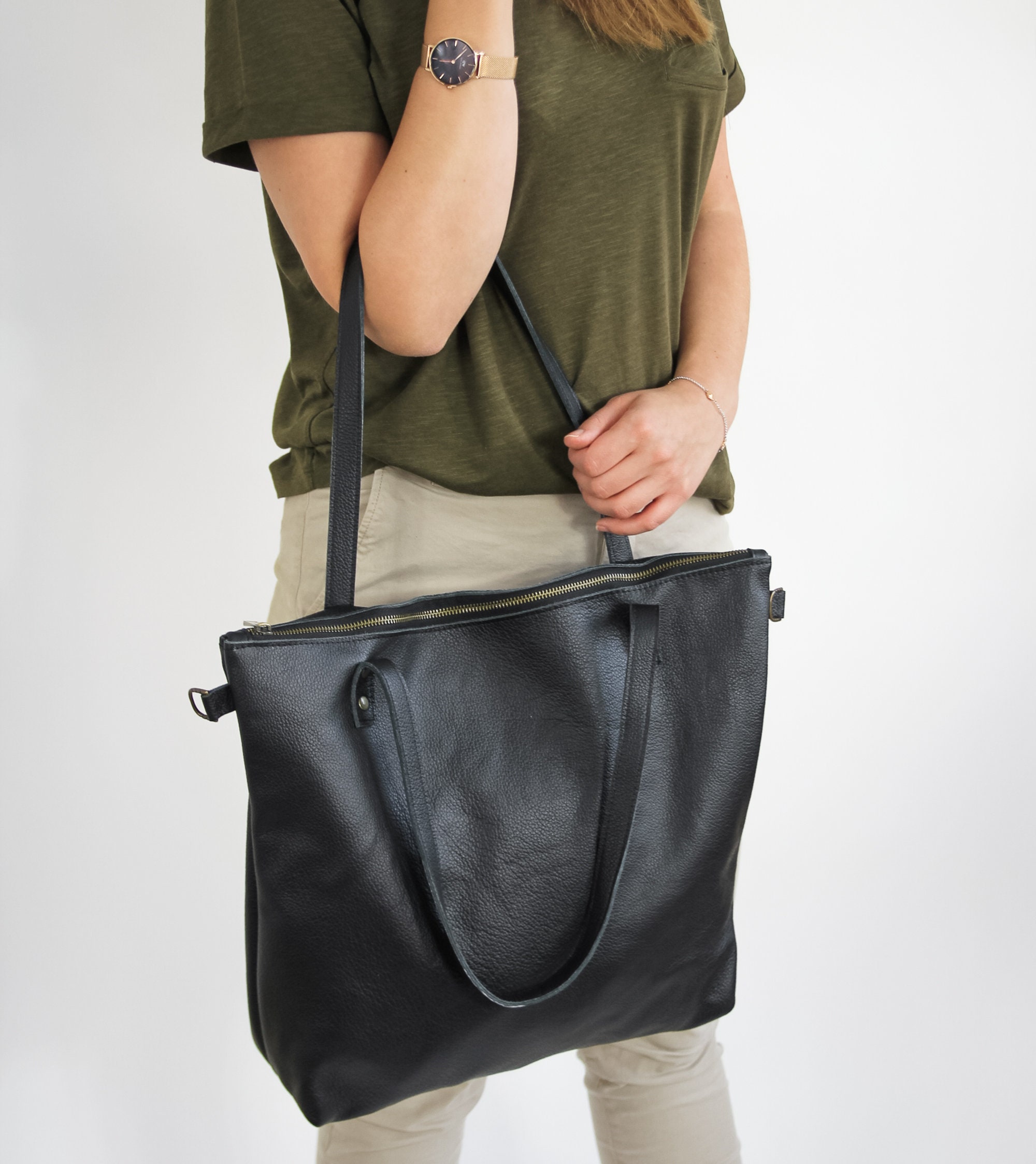 BLACK LEATHER Shoulder BAG Shopper Bag Big Leather Tote Bag | Etsy