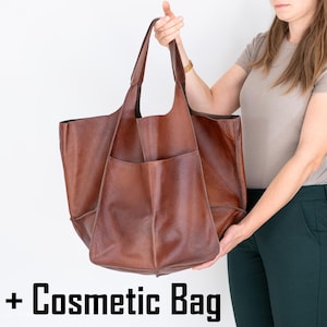 XXL Oversized bag + Cosmetic Bag, LARGE Cognac Brown LEATHER Tote, Brown Slouchy Tote, Soft Leather Casual Bag, Leather Bag Shoulder Bag