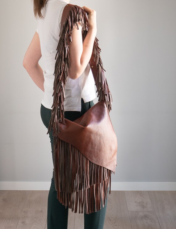 BRUINE leren crossbodytas cognacbruine bohotas leren tas met franjes boho leren tas hippe tas met lange franjes tas in westerse stijl Etsy Nederland