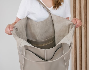 Beige Gray Leather Handbag, Taupe Oversized Tote, Large Soft Leather Shoulder Bag, Women's Hobo Purse, XXL Natural Leather Weekender Bag