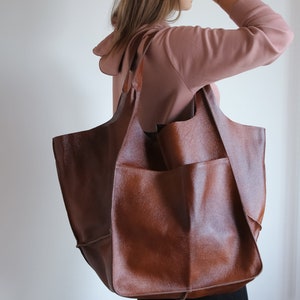 COGNAC LEATHER TOTE Bag, Slouchy Tote, Cognac Handbag for Women, Everyday Bag, Women leather Bag, Weekender Oversized Bag, Leather Purse image 5