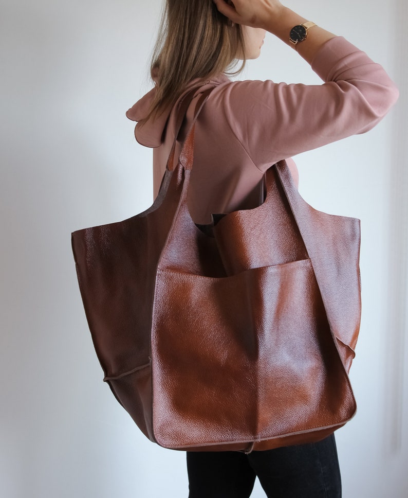 COGNAC LEATHER TOTE Bag, Slouchy Tote, Cognac Handbag for Women, Everyday Bag, Women leather Bag, Weekender Oversized Bag, Leather Purse image 5