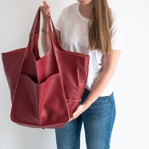 RED LEATHER TOTE bag, Slouchy Tote, Red Handbag for Women, Everyday Bag, Women leather bag, Weekender Oversized bag image 8