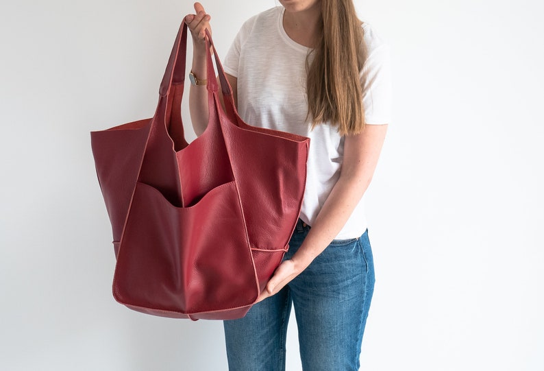 RED LEATHER TOTE bag, Slouchy Tote, Red Handbag for Women, Everyday Bag, Women leather bag, Weekender Oversized bag image 8