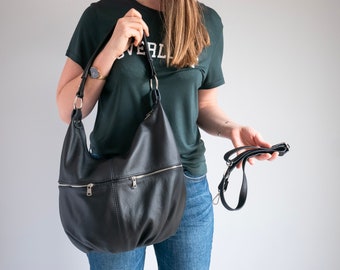 Zwarte LEREN HOBO Tas, Schoudertas, Cross Body Handtas, Zwarte Hobo Lederen Portemonnee, Dagelijkse Shopper Tas