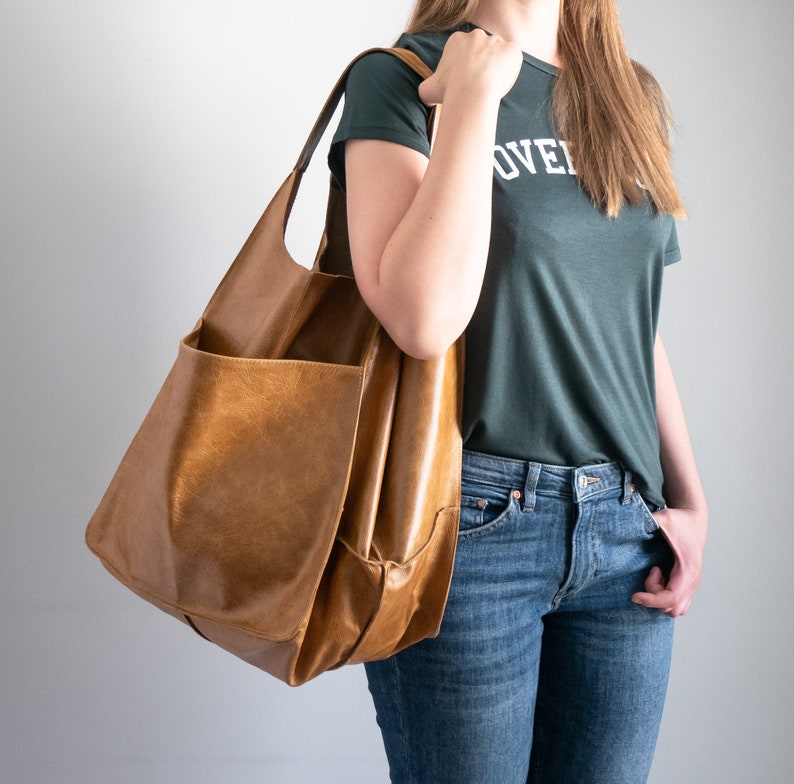 Oversize LEATHER TOTE Bag Slouchy Tote Camel Brown Handbag Etsy
