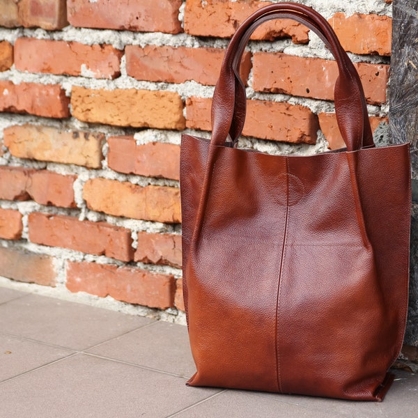 Cognac Brown Leather Shopper Bag, Leather Tote Bag, Large Handbag, Large Tote Bag,  Shoulder Bag, Leather Tote, Gift Idea, Leather Tote
